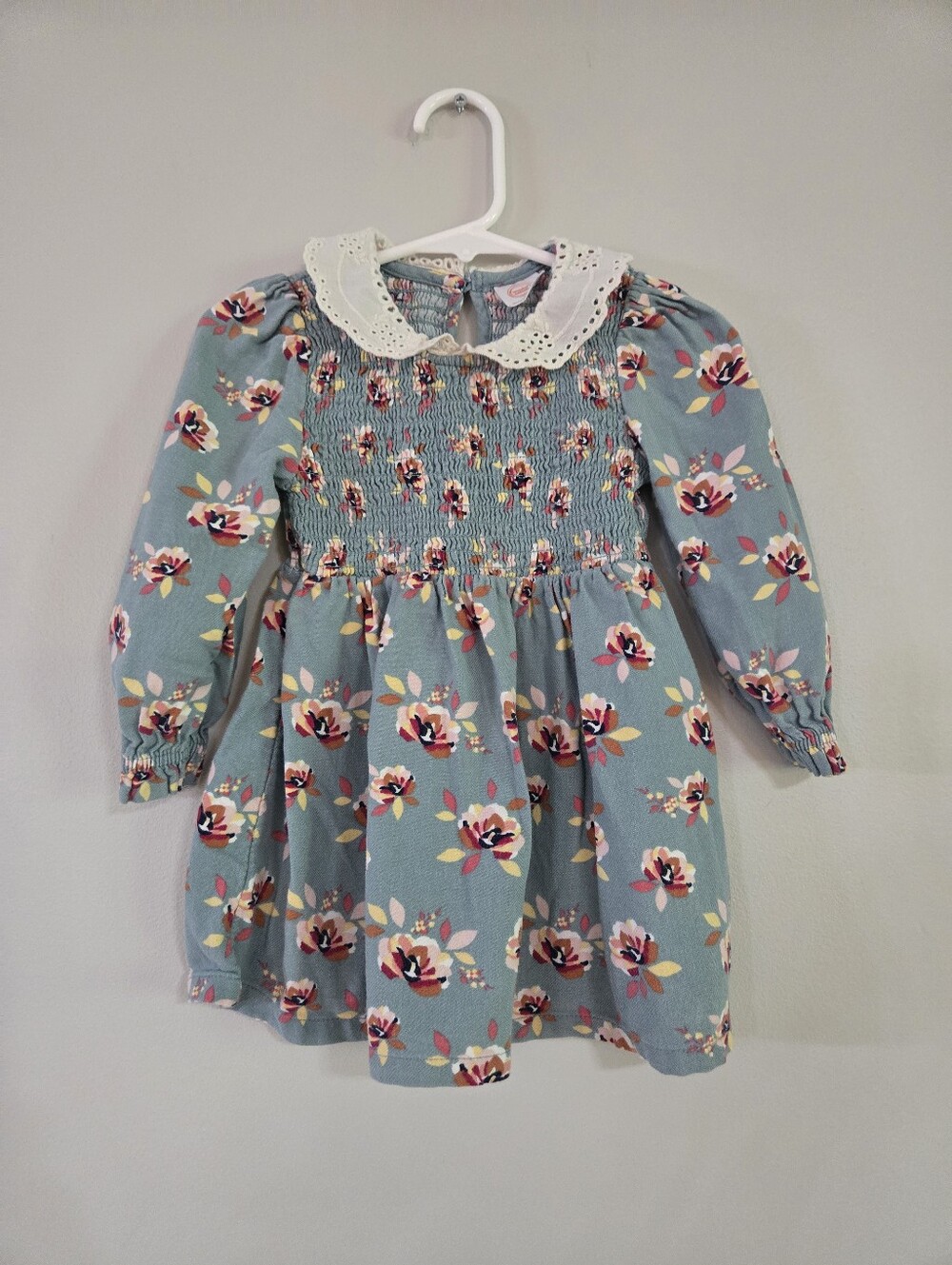 Wonder Nation Blue/Green Floral Smocked Dress with Eyelet Collar